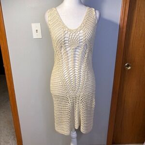 ZARA KNIT Crochet‎ Knit Midi bohemian swim cover Cream Sleeveless V Neck Sheer